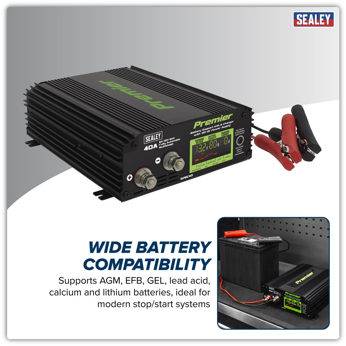 Sealey Battery Support Unit Charger & Maintainer 40A SPBC40