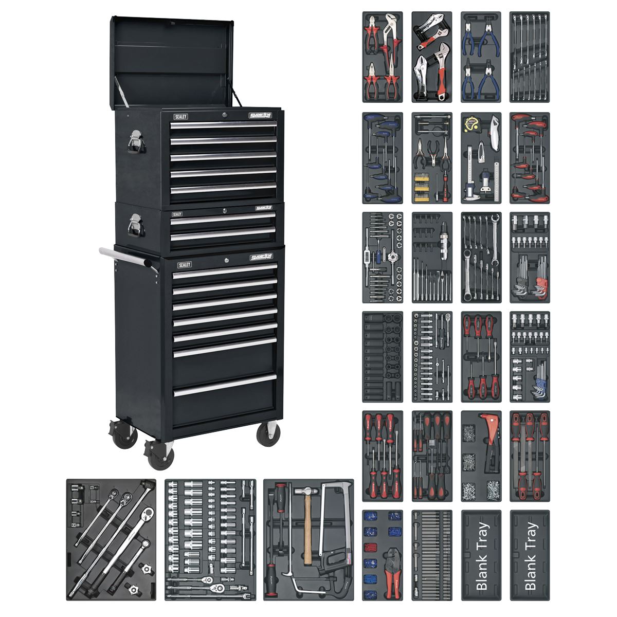 Sealey Tool Chest Combination 14 Drawer with Ball-Bearing Slides - Black & 1179pc Tool Kit SPTCOMBO2