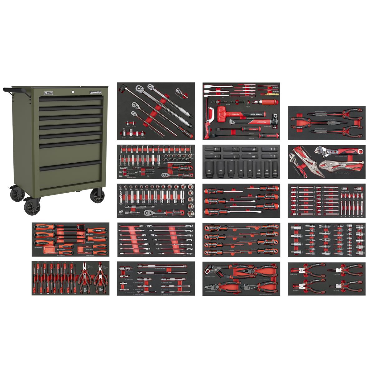 Sealey Superline PRO&reg; Roll Cab 7 Drawer with 305pc Tool Kit - Khaki SPTCOMBO4K