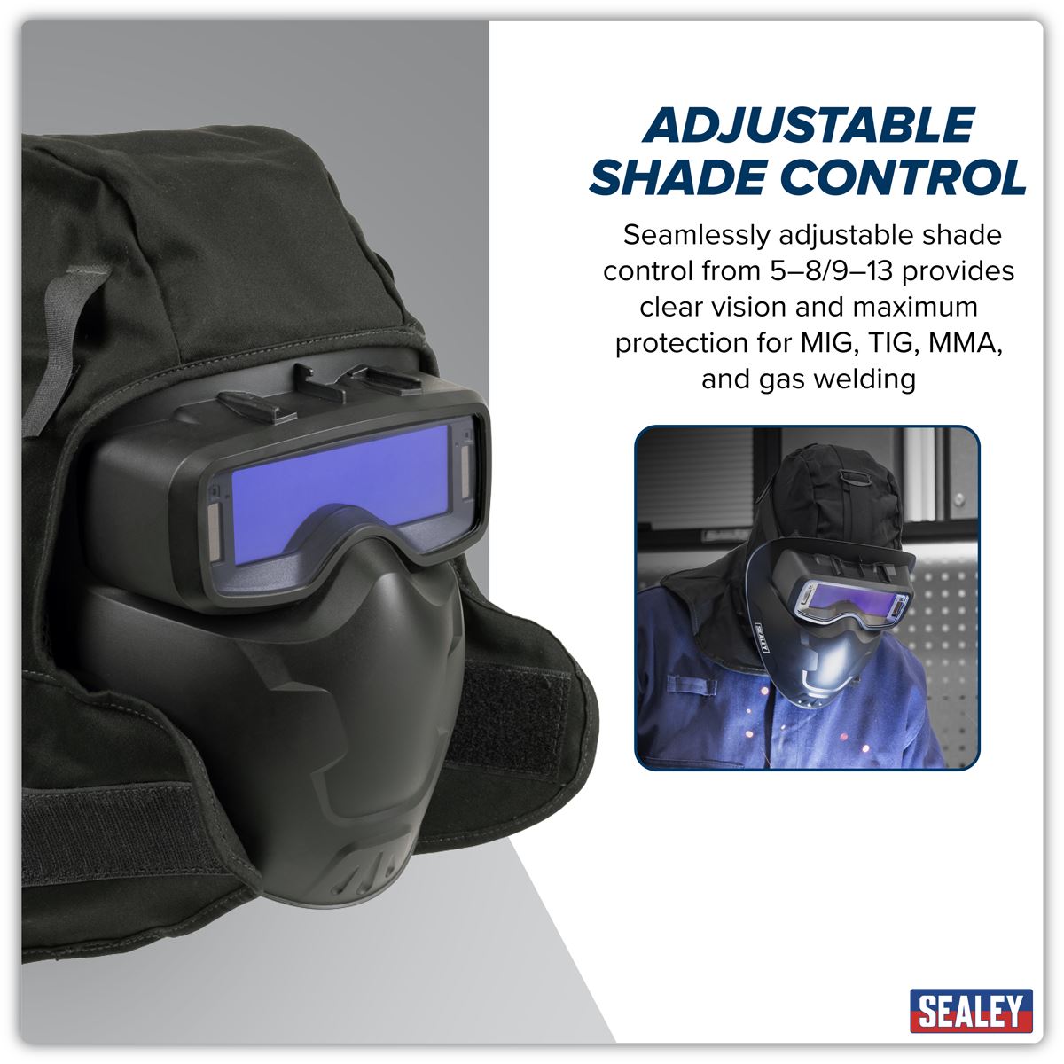 Sealey Auto Darkening Welding Goggles Shade 9-13 Inc Face Shield & Hood SSP102