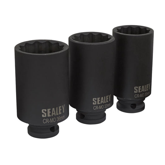 Sealey Metric Deep Impact Hub Nut Socket Set 3pc 12-Point 1/2"Sq Drive SX051