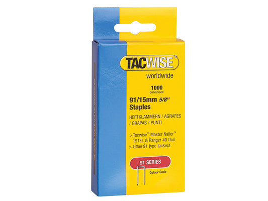 Tacwise 91 Narrow Crown Staples 15mm - Electric Tackers (Pack 1000) TAC0283
