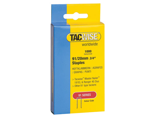 Tacwise 91 Narrow Crown Staples 20mm - Electric Tackers (Pack 1000) TAC0284