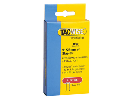 Tacwise 91 Narrow Crown Staples 25mm - Electric Tackers (Pack 1000) TAC0285