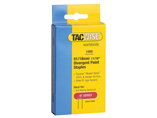 Tacwise 91 Narrow Crown Divergent Point Staples 18mm - Electric Tackers (Pack 1000) TAC0287