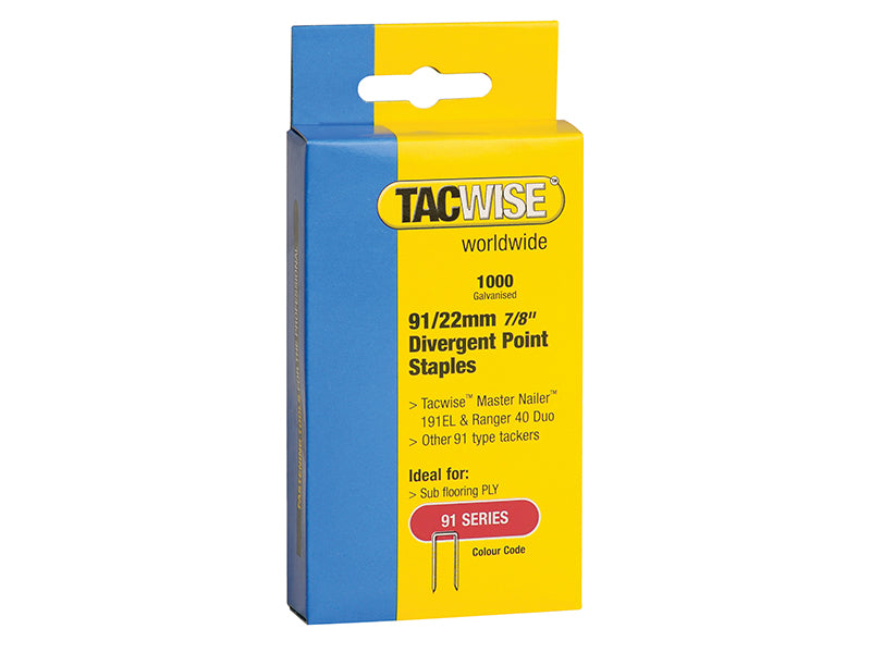 Tacwise 91 Narrow Crown Divergent Point Staples 22mm - Electric Tackers (Pack 1000) TAC0288