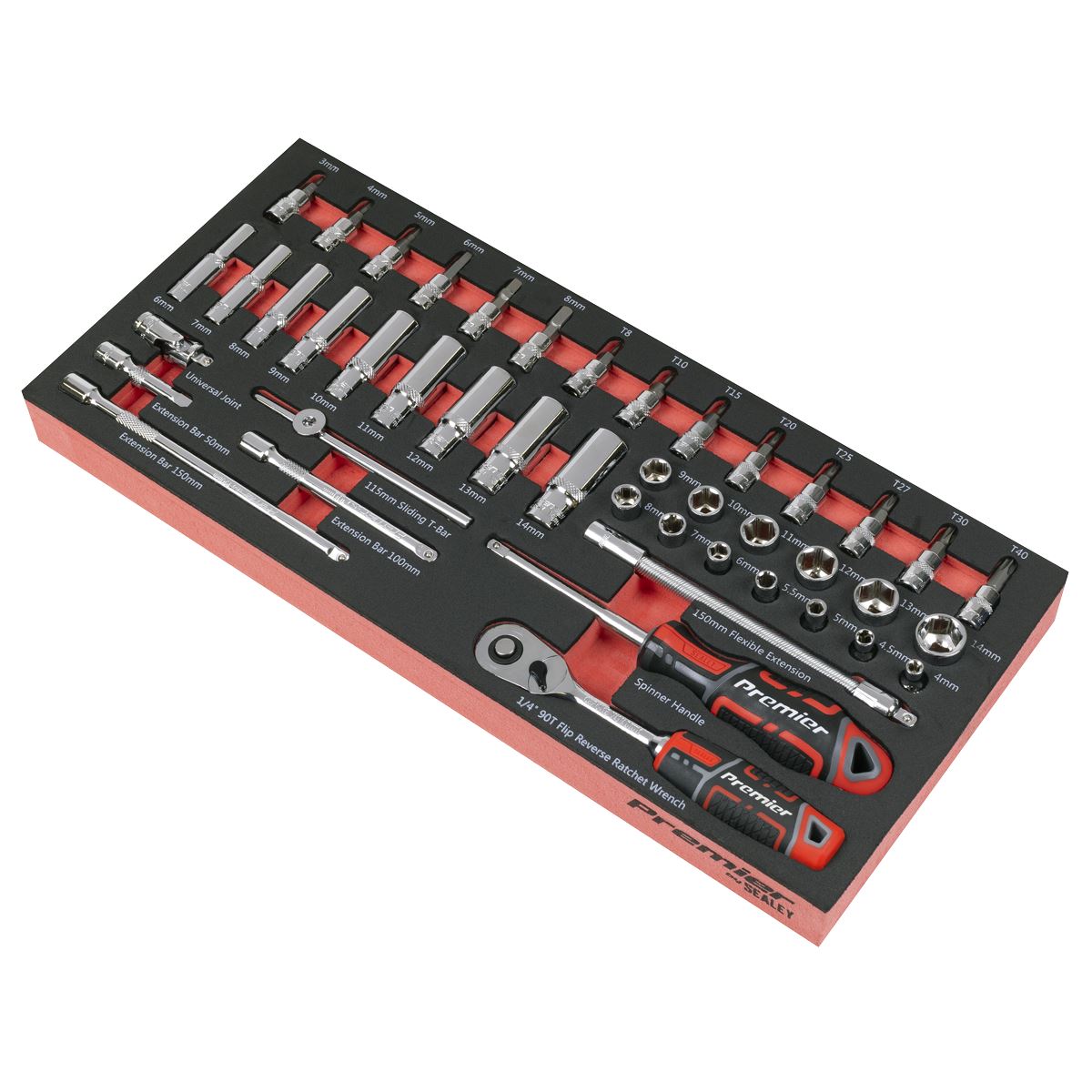 Sealey 1/4"D Metric Deep & Standard Socket Set with Tool Tray Torx & Hex TBT40