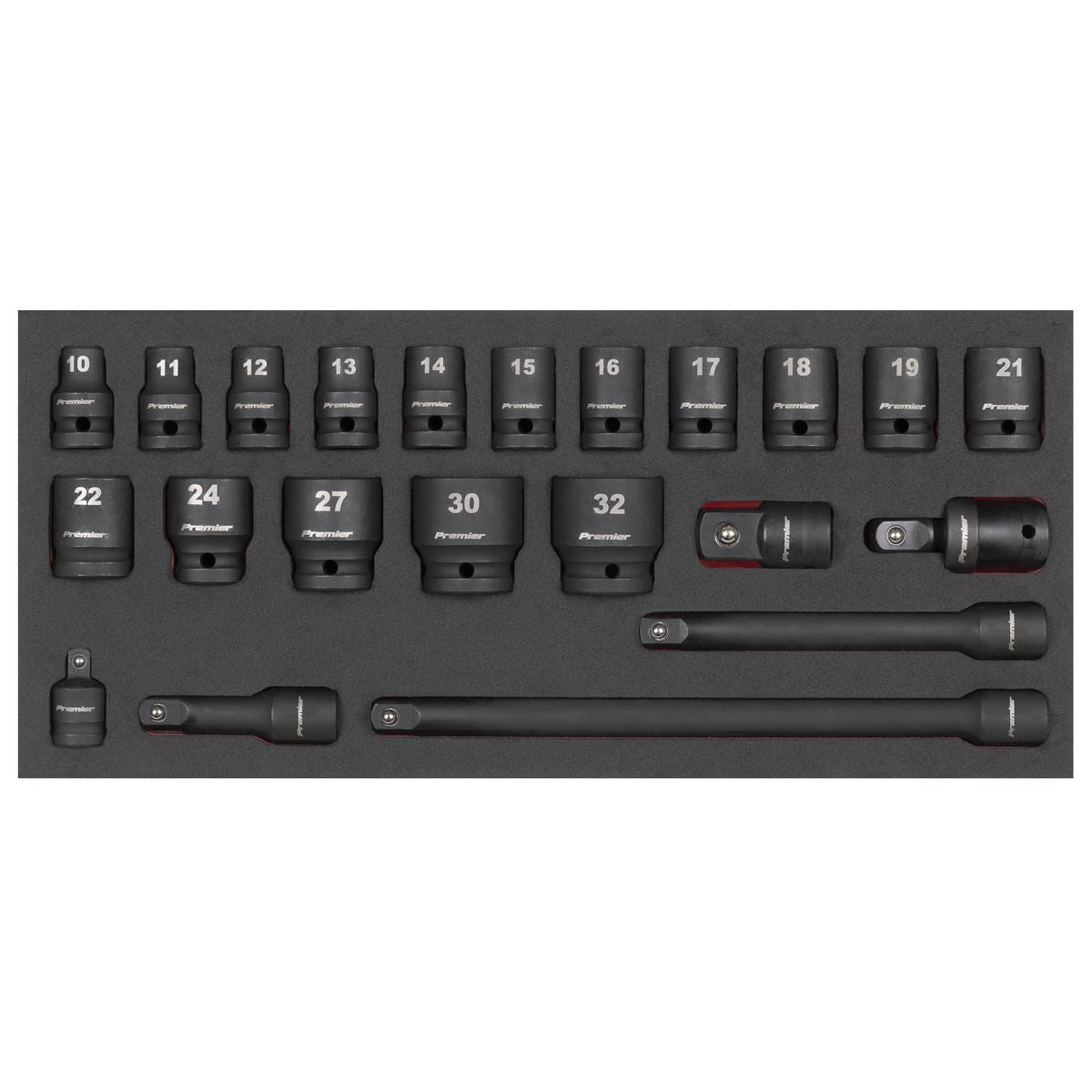 Sealey Impact Socket Set & Tool Tray 1/2"D 22pc 10 to 32mm Extension Bars TBT46