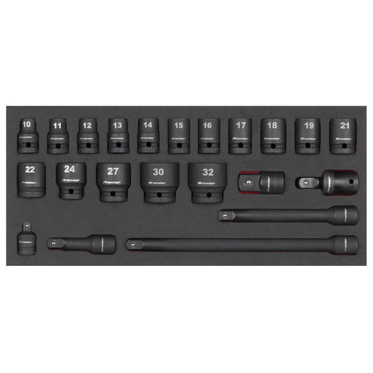 Sealey Impact Socket Set & Tool Tray 1/2"D 22pc 10 to 32mm Extension Bars TBT46