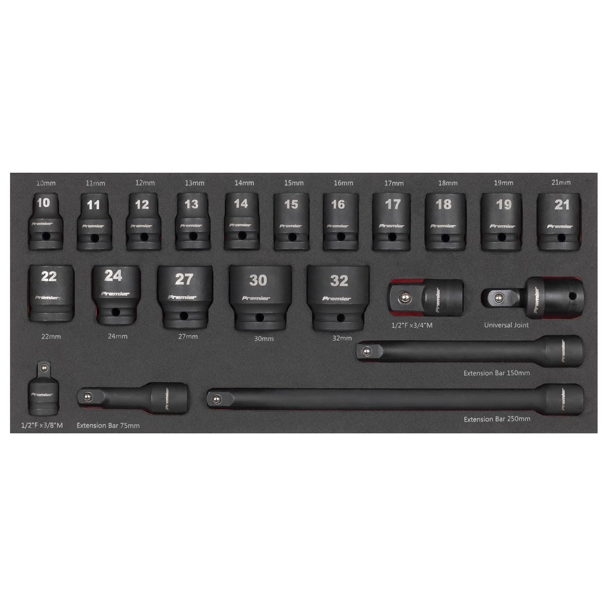 Sealey Impact Socket Set & Tool Tray 1/2"D 22pc 10 to 32mm Extension Bars TBT46