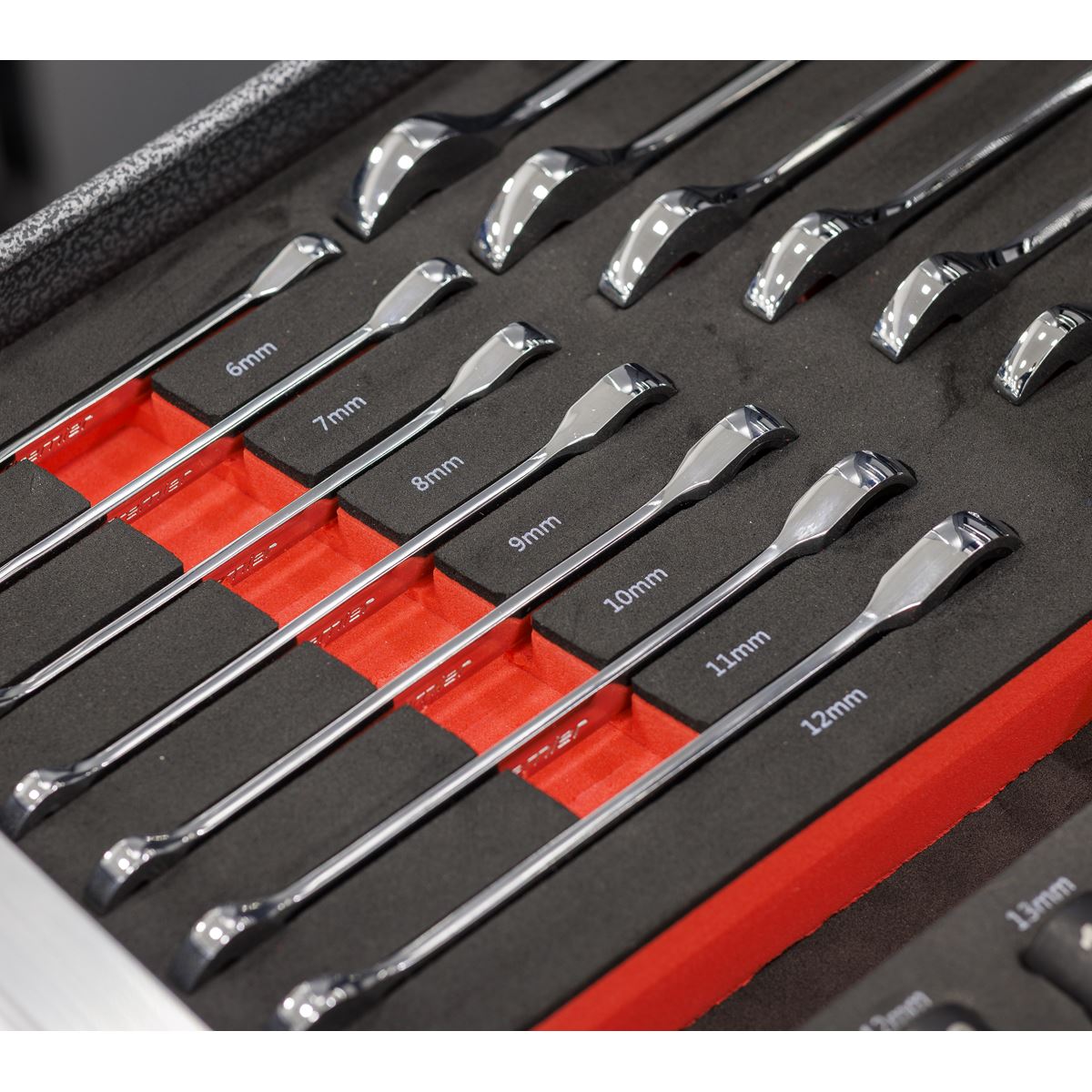 Sealey Metric Ratchet Spanner Set with Tool Tray 14pc 6 to 19mm TBT49