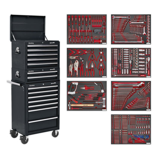 Sealey Tool Chest Combination 14 Drawer with Ball-Bearing Slides - Black & 446pc Tool Kit TBTPCOMBO2