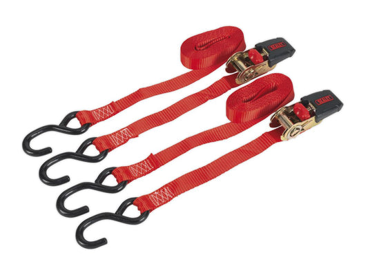 Sealey Ratchet Straps 25mm x 4m Polyester Webbing with S-Hooks 800kg Breaking Strength - Pair TD284SD