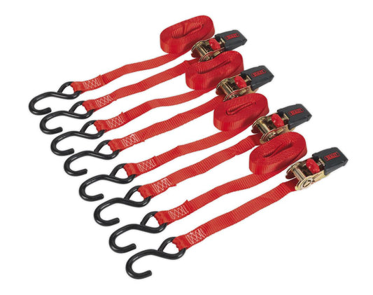 Sealey Ratchet Strap 25mm x 4m Polyester Webbing with S-Hooks 800kg Breaking Strength - 2 Pairs TD484SD