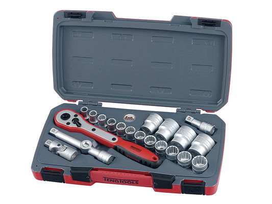 Teng Metric Socket Set 21 Pc Standard Length 1/2in Drive Chrome 12Pt T1221