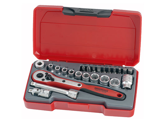 Teng Metric Socket Set 24 Pc Standard Length 1/4in Drive Chrome 6Pt T1424