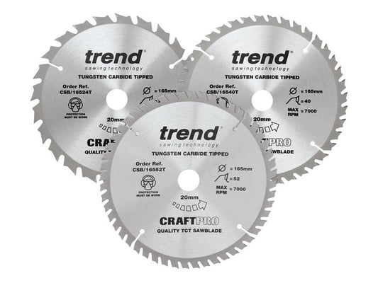 Trend CraftPro Cordless Saw Blade 165 x 20mm x 24T/40T/52T (Pack 3) TRECSB1653PB