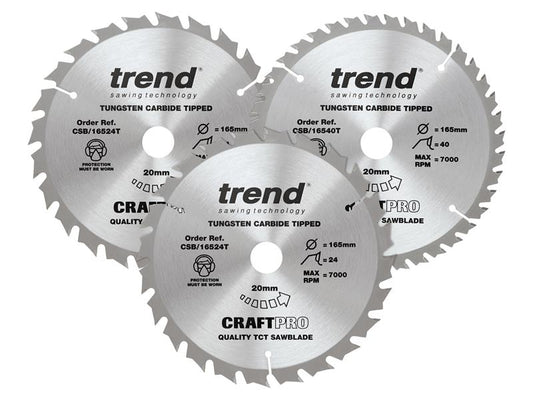 Trend CraftPro Cordless Saw Blade 165 x 20mm x 24T/40T (Pack 3) TRECSB1653PC