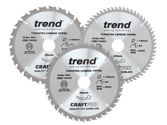 Trend CraftPro Saw Blade 190 x 30mm x 24T/40T/60T (Pack 3) TRECSB190P3