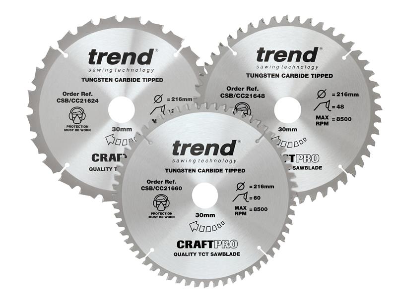 Trend CraftPro Mitre Saw Blade 216 x 30mm x 24T/48T/60T (Pack 3) TRECSB216P3