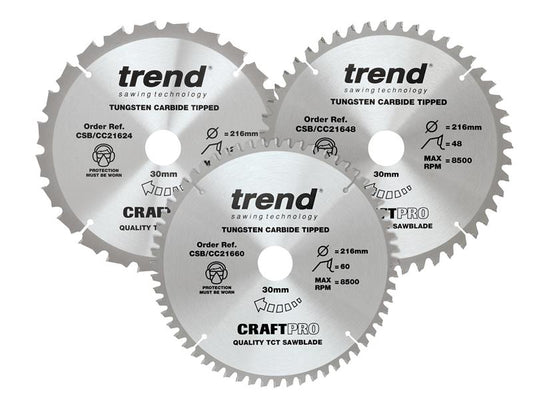Trend CraftPro Mitre Saw Blade 216 x 30mm x 24T/48T/60T (Pack 3) TRECSB216P3