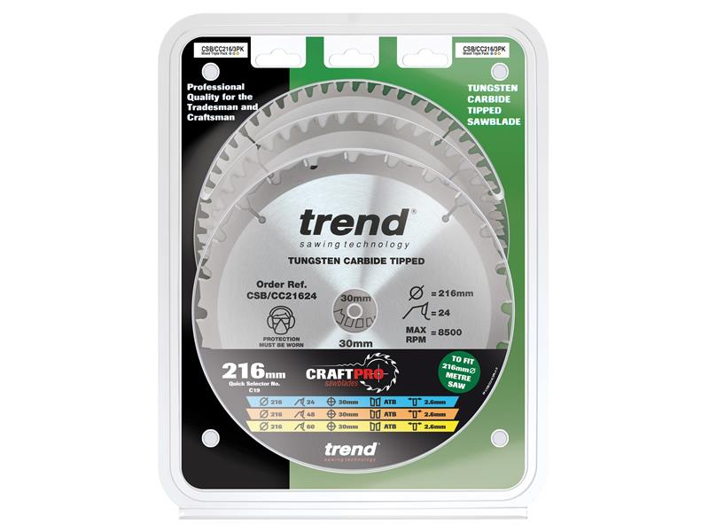 Trend CraftPro Mitre Saw Blade 216 x 30mm x 24T/48T/60T (Pack 3) TRECSB216P3