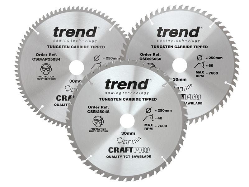 Trend CraftPro Table Saw Blade 250 x 30mm x 48T/60T/84T (Pack 3) TRECSB250P3