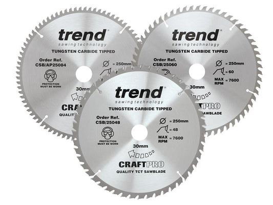 Trend CraftPro Table Saw Blade 250 x 30mm x 48T/60T/84T (Pack 3) TRECSB250P3