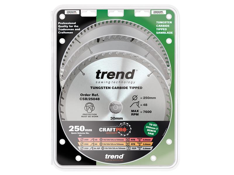 Trend CraftPro Table Saw Blade 250 x 30mm x 48T/60T/84T (Pack 3) TRECSB250P3