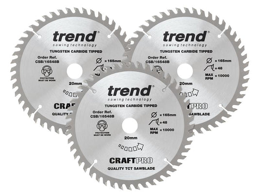 Trend CraftPro Plunge Saw Blade 165 x 20mm x 48T (Pack 3) TREPS1653PA
