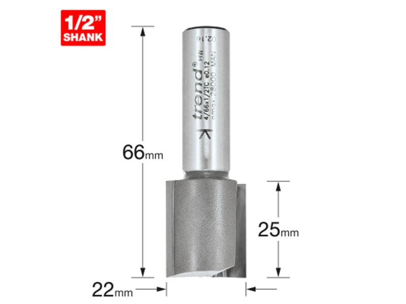 Trend 1/2 Shank TCT Two Flute Router Cutter 22 x 25mm TRET46612TC