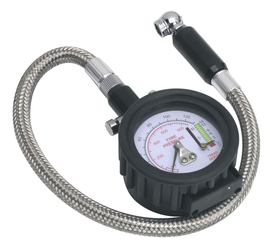 Sealey Tyre Pressure Gauge & Tyre Tread Depth Gauge - Flexible Hose 0-8bar(0-120psi) TSTPDG02