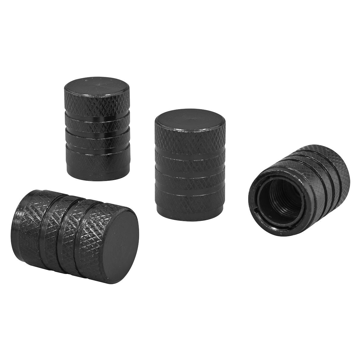 Sealey Vehicle Aluminium Valve Cap 4pc Black Anodised Knurled VCB4