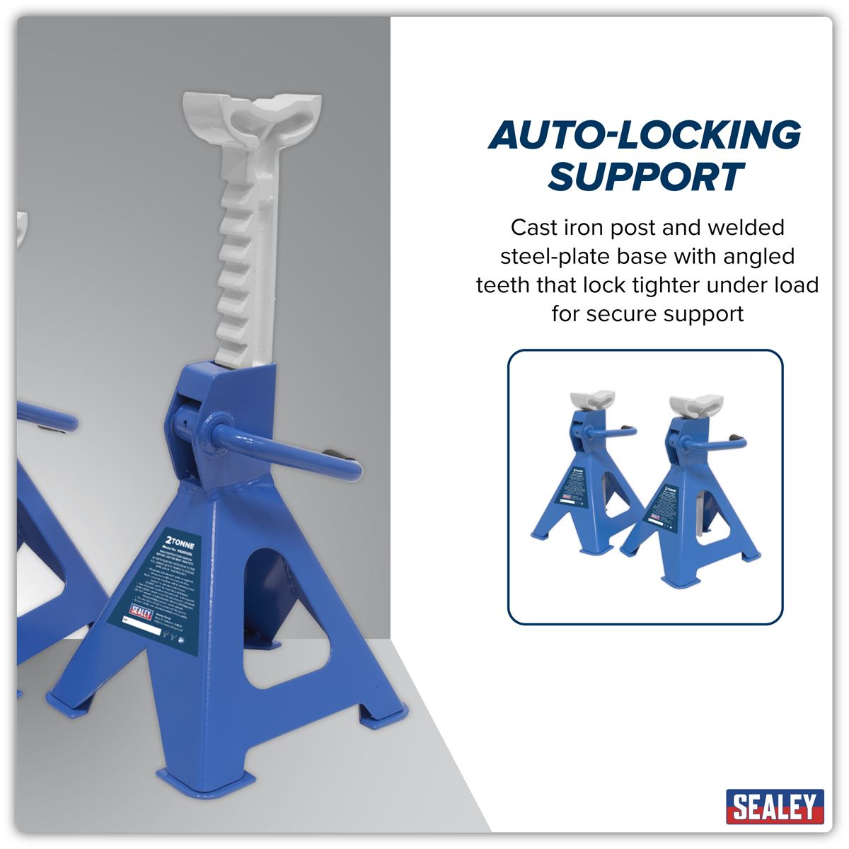 Sealey Axle Stands (Pair) 2 Tonne Capacity per Stand Ratchet Type - Blue VS2002BL