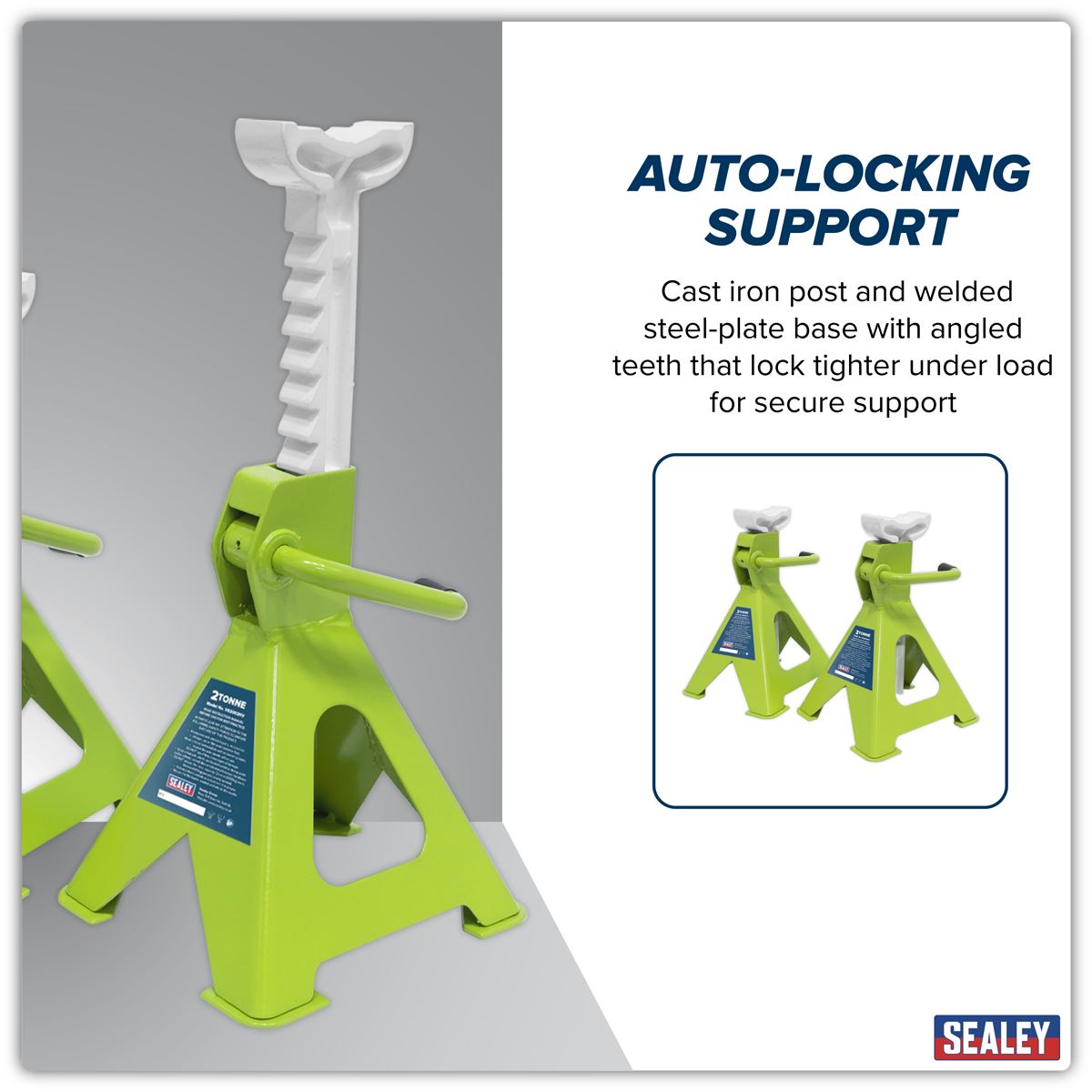 Sealey Axle Stands (Pair) 2 Tonne Capacity per Stand Ratchet Type - Hi-Vis Green VS2002HV