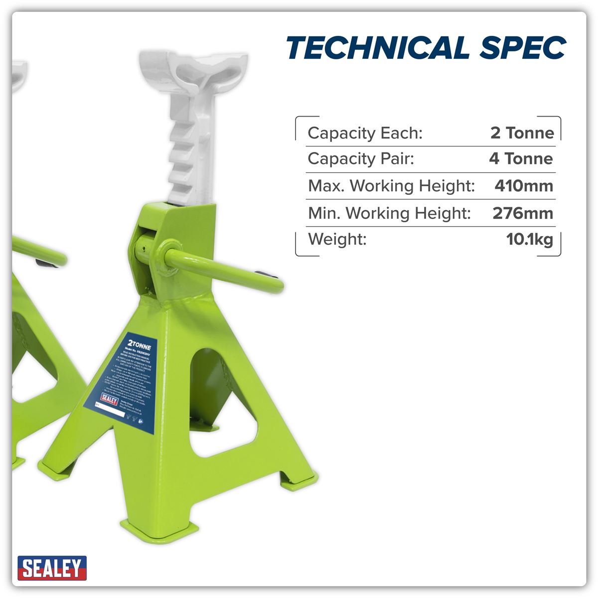 Sealey Axle Stands (Pair) 2 Tonne Capacity per Stand Ratchet Type - Hi-Vis Green VS2002HV