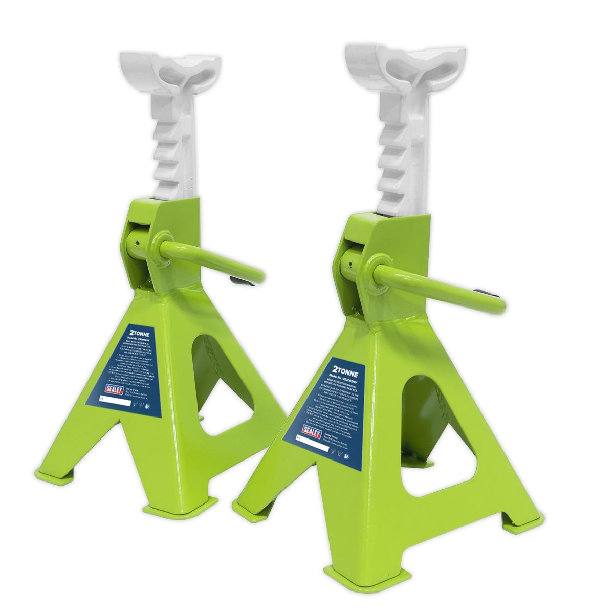 Sealey Axle Stands (Pair) 2 Tonne Capacity per Stand Ratchet Type - Hi-Vis Green VS2002HV