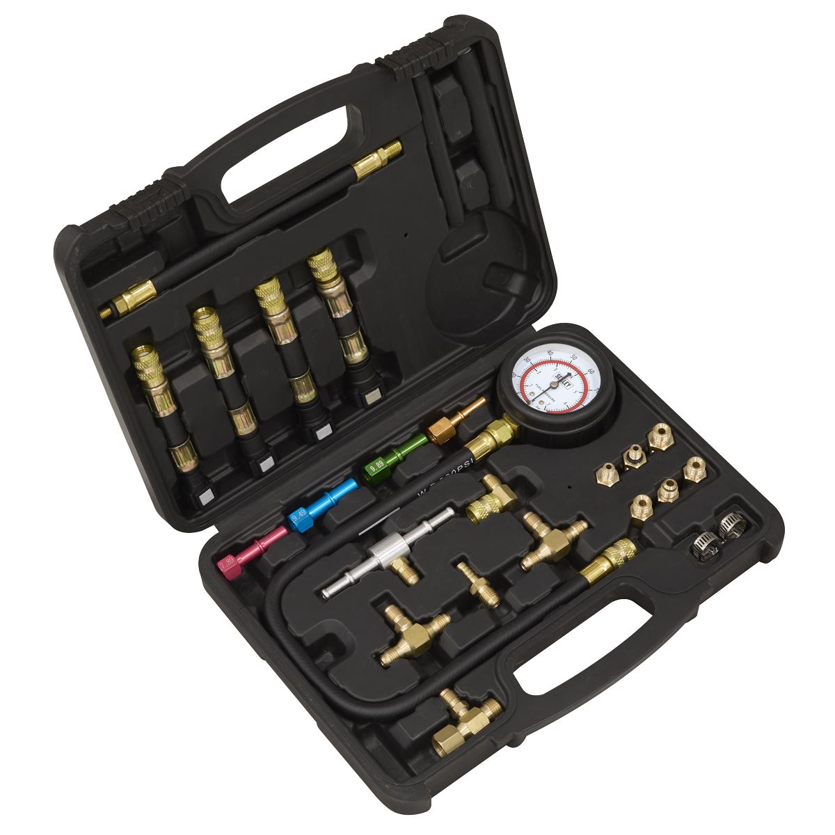 Sealey Petrol Engine Fuel Pressure Test Kit 0-100psi 0-7bar 62mm Gauge VS564