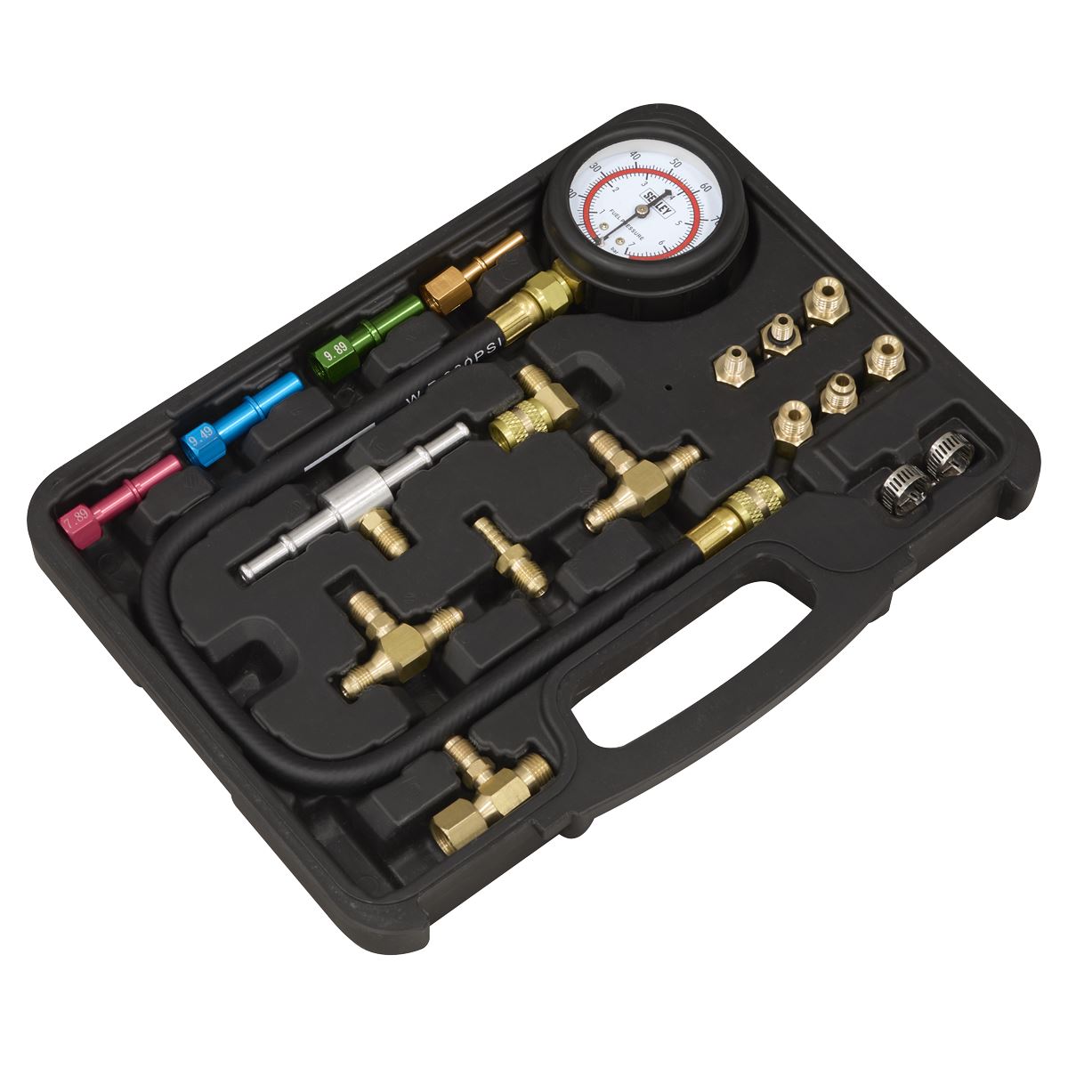 Sealey Petrol Engine Fuel Pressure Test Kit 0-100psi 0-7bar 62mm Gauge VS564