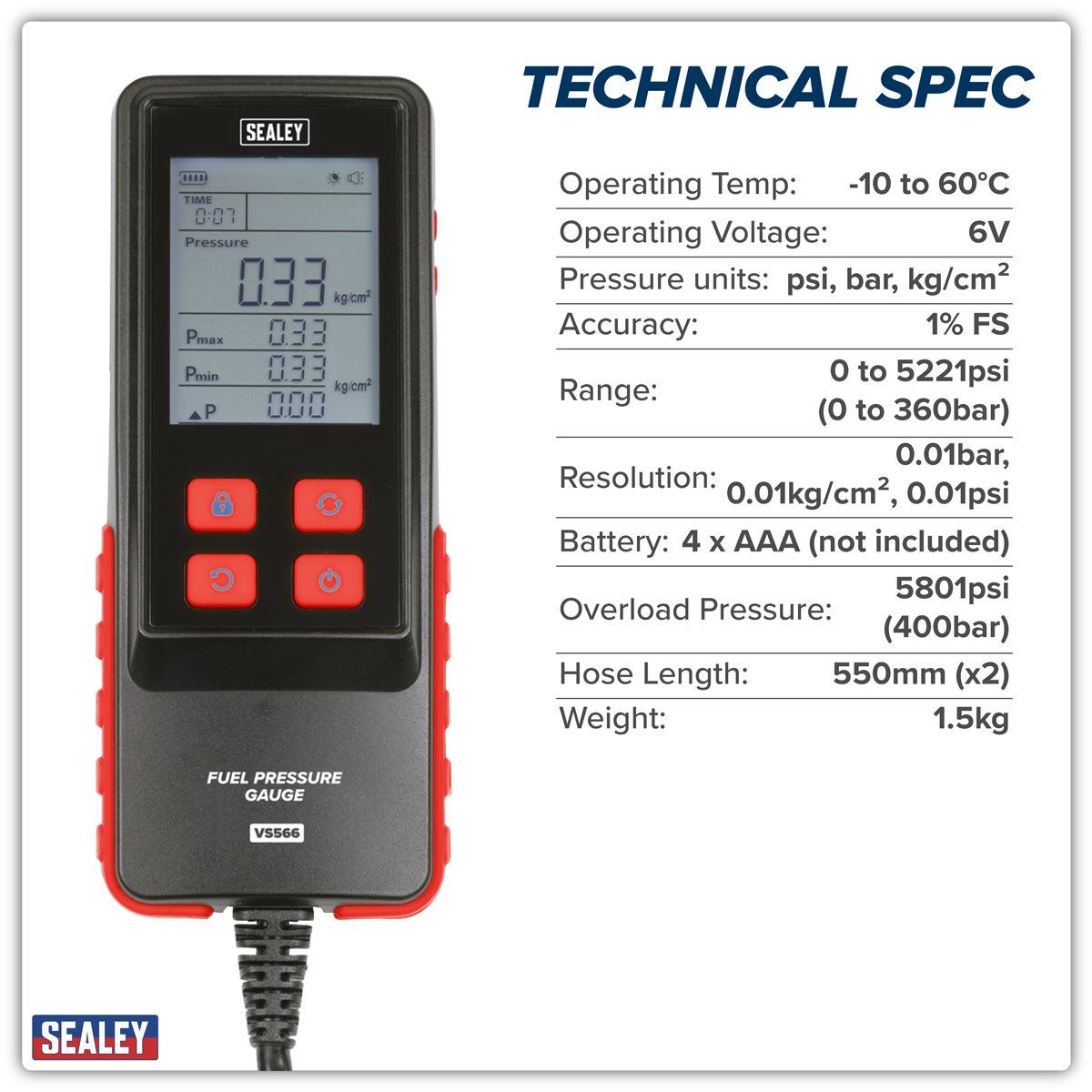 Sealey Digital Fuel Injection Pressure Test Kit for GDI Fuel Circuits 6pc VS566