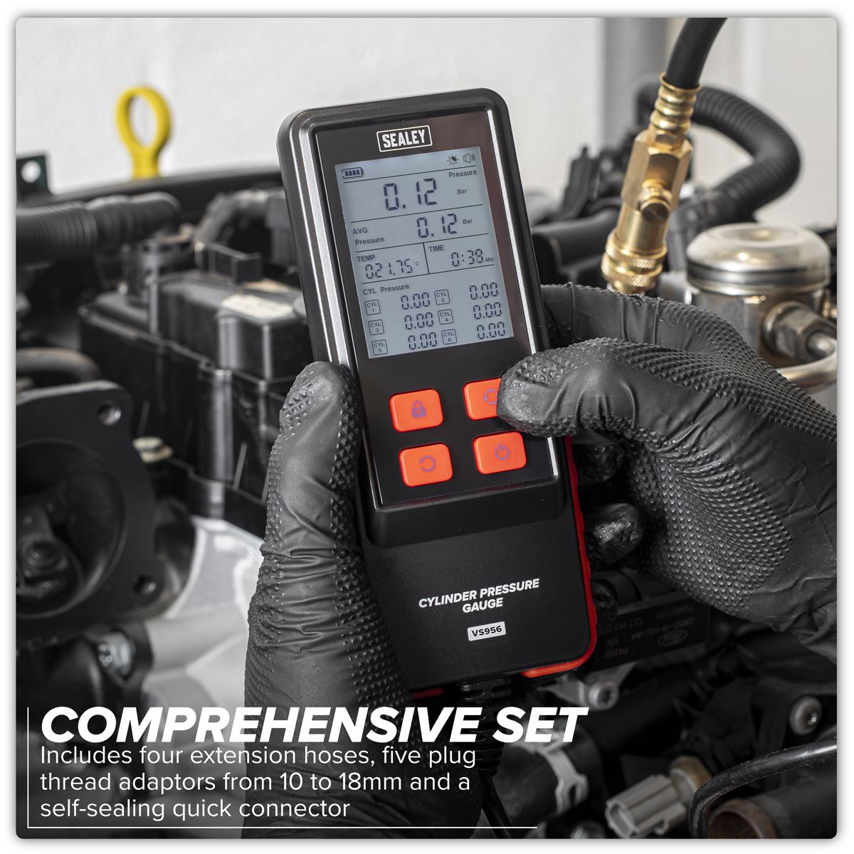 Sealey Digital Petrol Engine Compression Test Kit 10pc 0-435psi (0-30bar) VS956