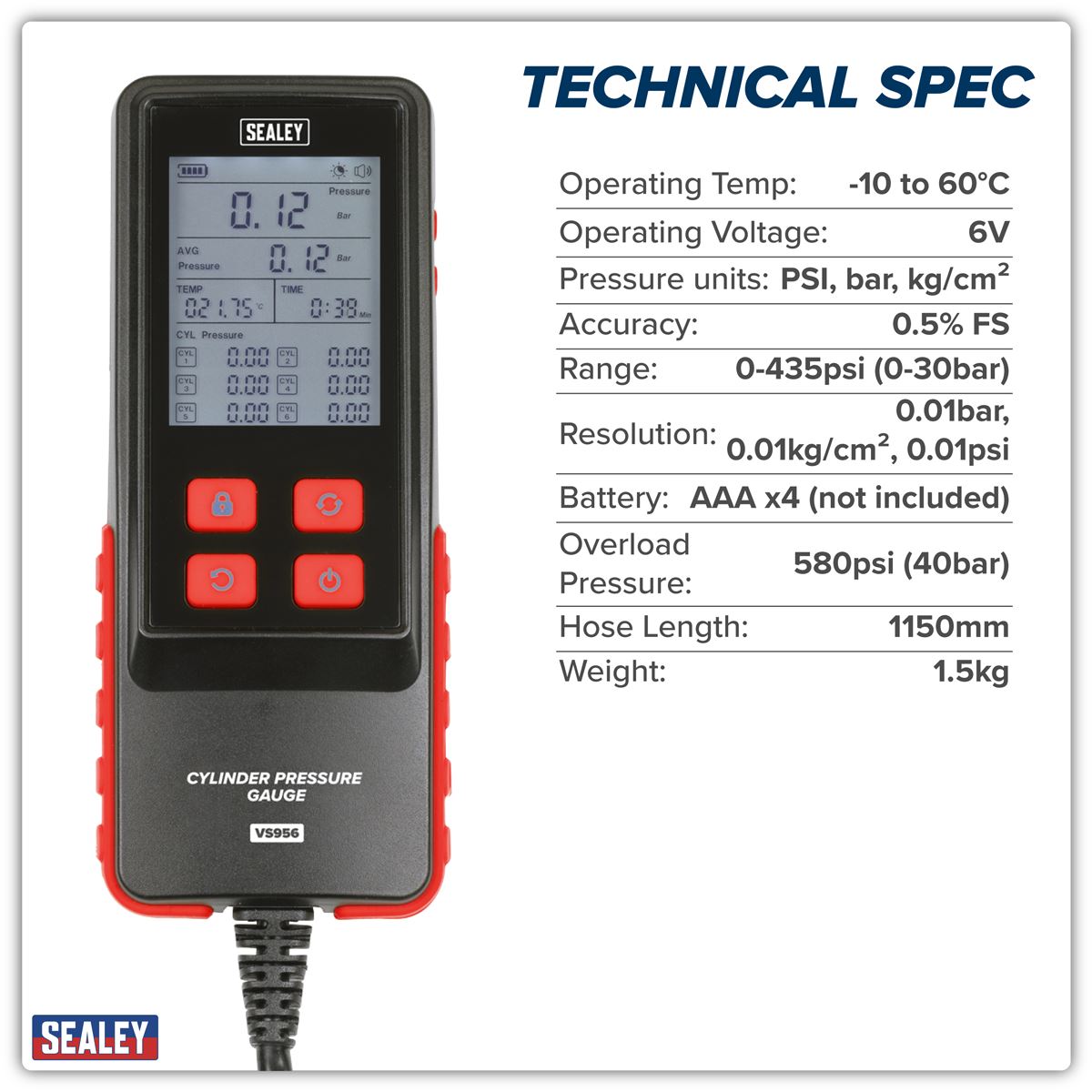 Sealey Digital Petrol Engine Compression Test Kit 10pc 0-435psi (0-30bar) VS956