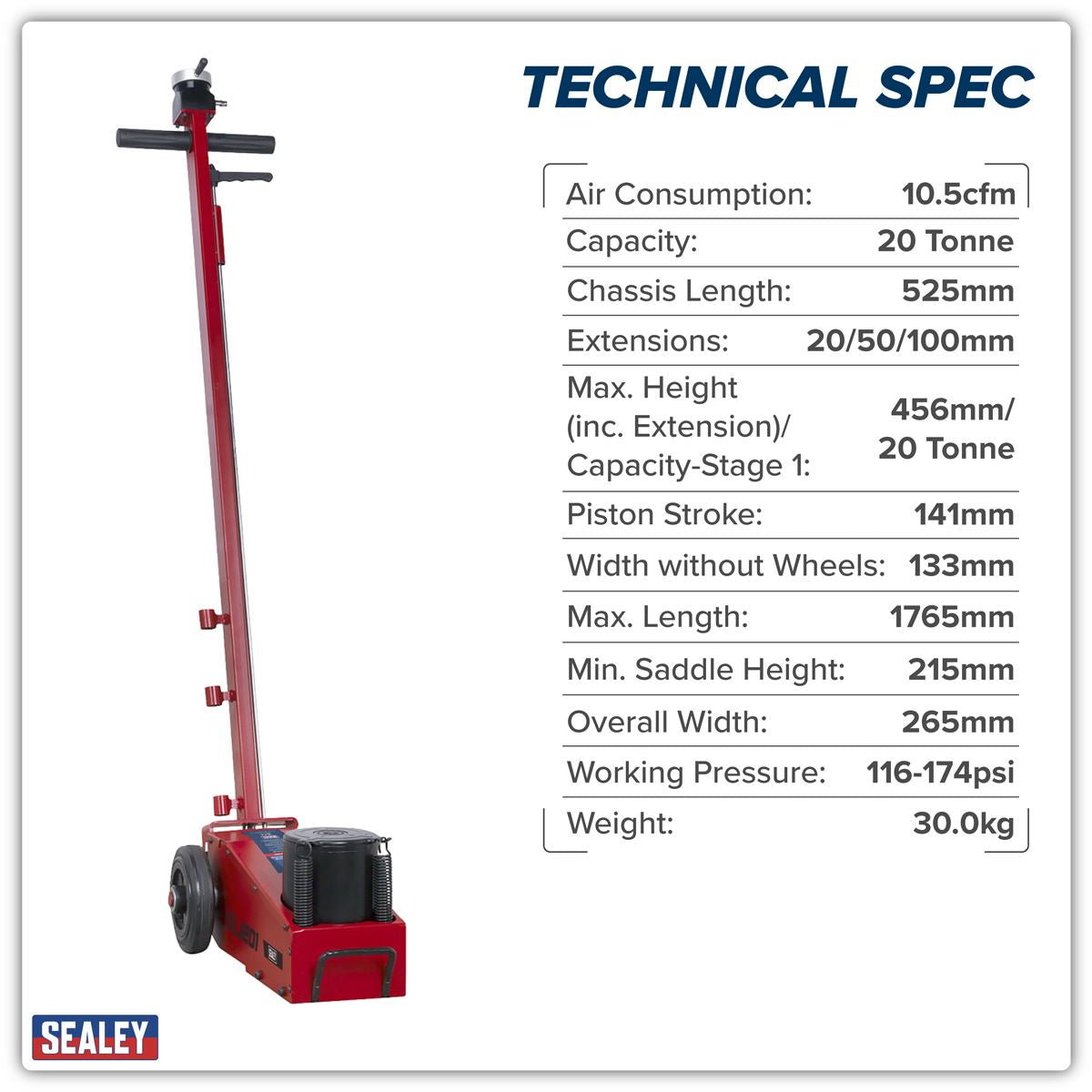 Sealey Air Operated Jack 20 Tonne - Single Stage YAJ201