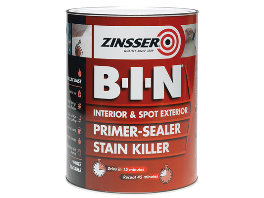 B.I.N® Primer, Sealer & Stain Killer Paint White 5 litre by Zinsser ZINBIN5L
