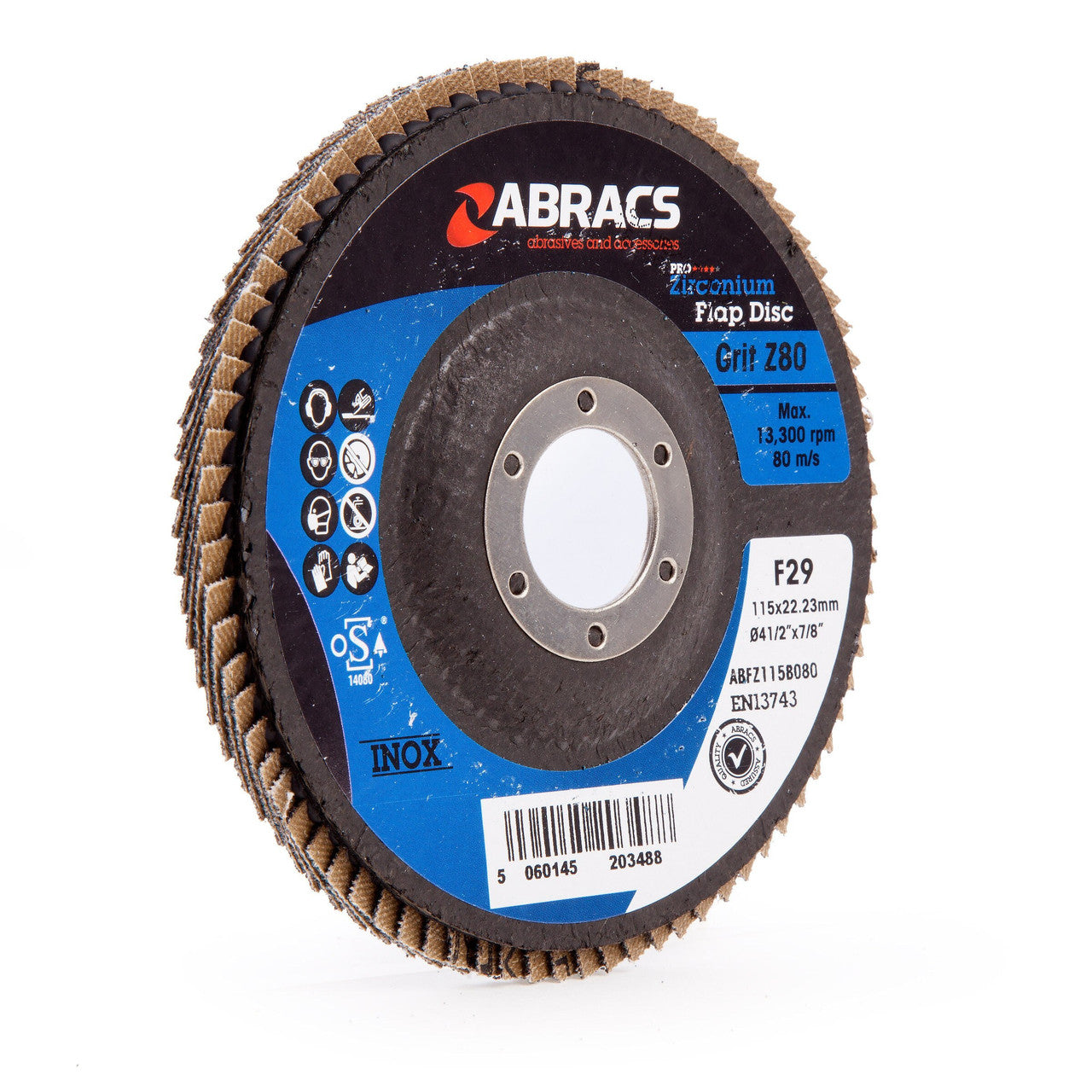 Abracs Pro Zirconium Flap Disc 115mm Bore 22mm 80 Grit 5 Pack ABFZ115B080