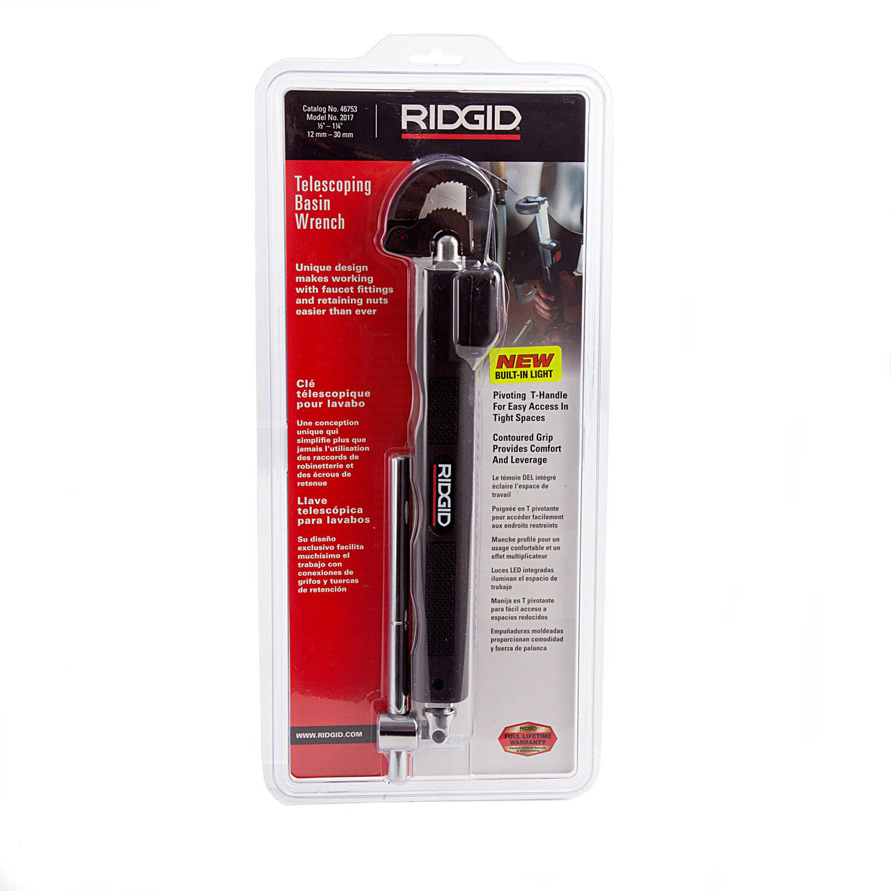 Ridgid 46753 Telescopic Basin Wrench LED Work Light 1/2in - 1. 1/4in capacity, 12in to 17in length