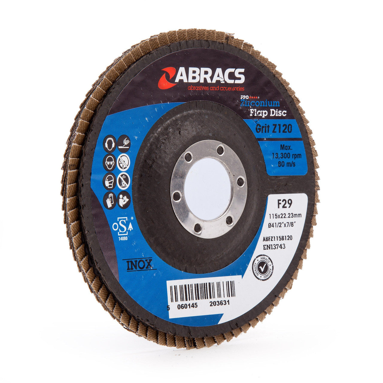 Abracs Pro Zirconium Flap Disc 115mm Bore 22mm 120 Grit 5 Pack ABFZ115B0120