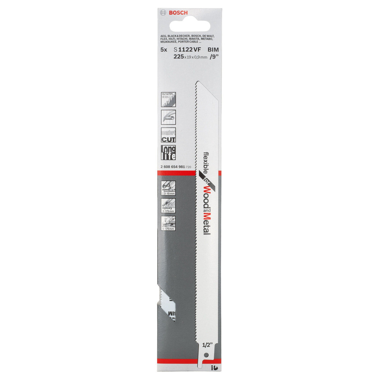 Bosch Flexible Reciprocating Saw Blades for Wood & Metal 225mm 5 Pack S1122VF