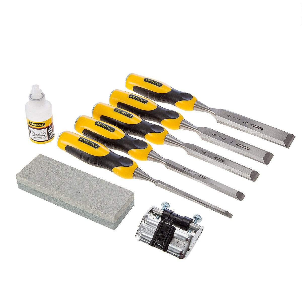 Stanley 5 Piece DynaGrip Wood Chisel Set inc Stone Oil And Honing Guide 5-16-421
