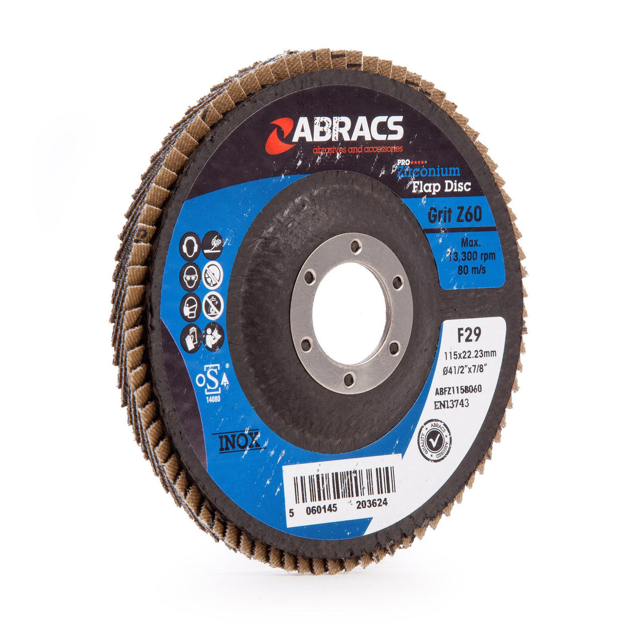 Abracs Pro Zirconium Flap Disc 115mm Bore 22mm 60 Grit 5 Pack ABFZ115B060